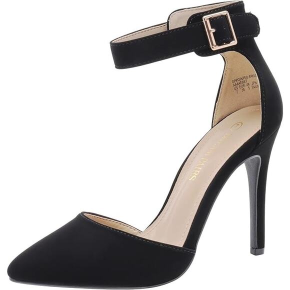 New Dream Pairs 7 Black Nubuck Matte Ankle Strap Heels Pointed Toe Stiletto Wide - Picture 1 of 5